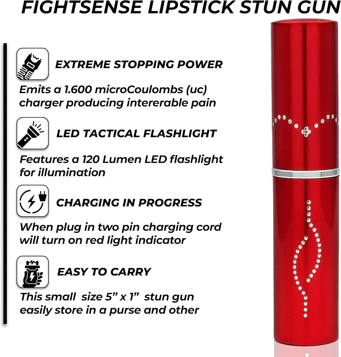 FIGHTSENSE Flashlight Lipstick Stun Gun Women Self Defense Bright Led Flashlight - Rechargeable Battery