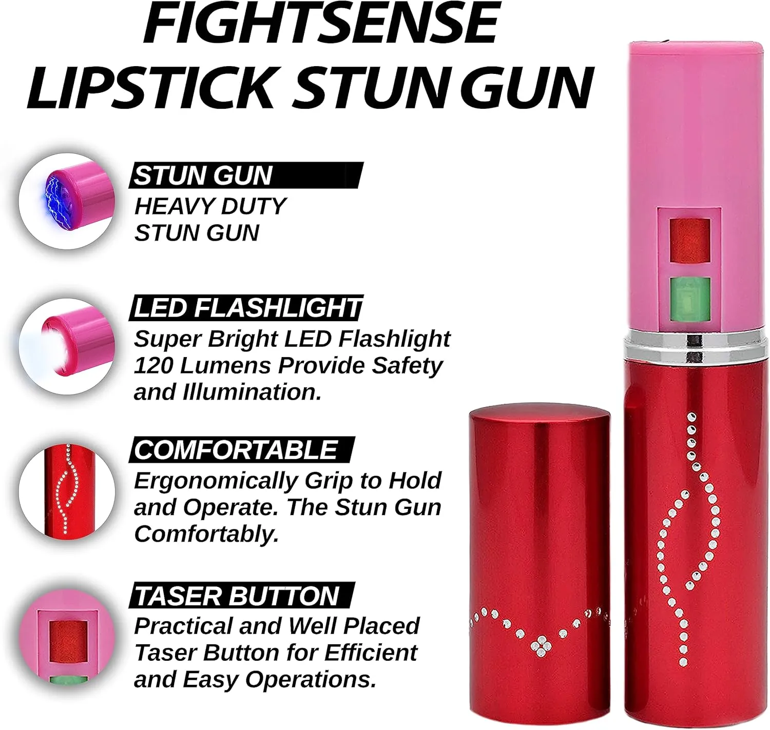 FIGHTSENSE Flashlight Lipstick Stun Gun Women Self Defense Bright Led Flashlight - Rechargeable Battery
