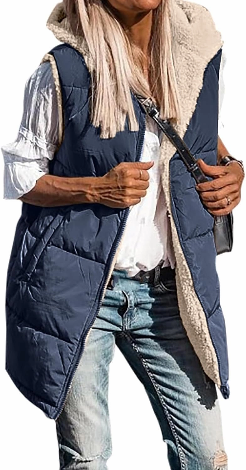 Firzero Puffer Vest Women Long Winter Sleeveless Quilted Jacket Plush Hooded Zip Up Vest 2024 Sherpa Fleece Jackets Hoodie