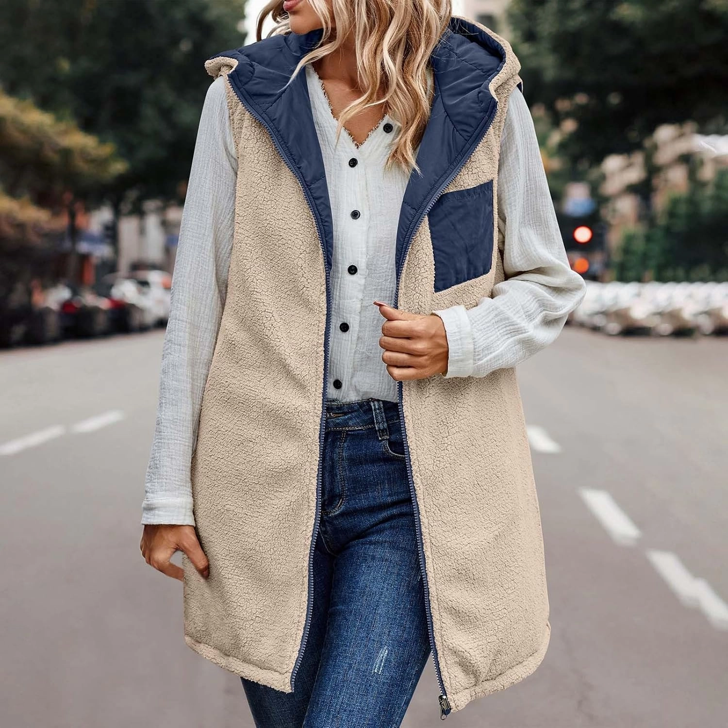 Firzero Puffer Vest Women Long Winter Sleeveless Quilted Jacket Plush Hooded Zip Up Vest 2024 Sherpa Fleece Jackets Hoodie
