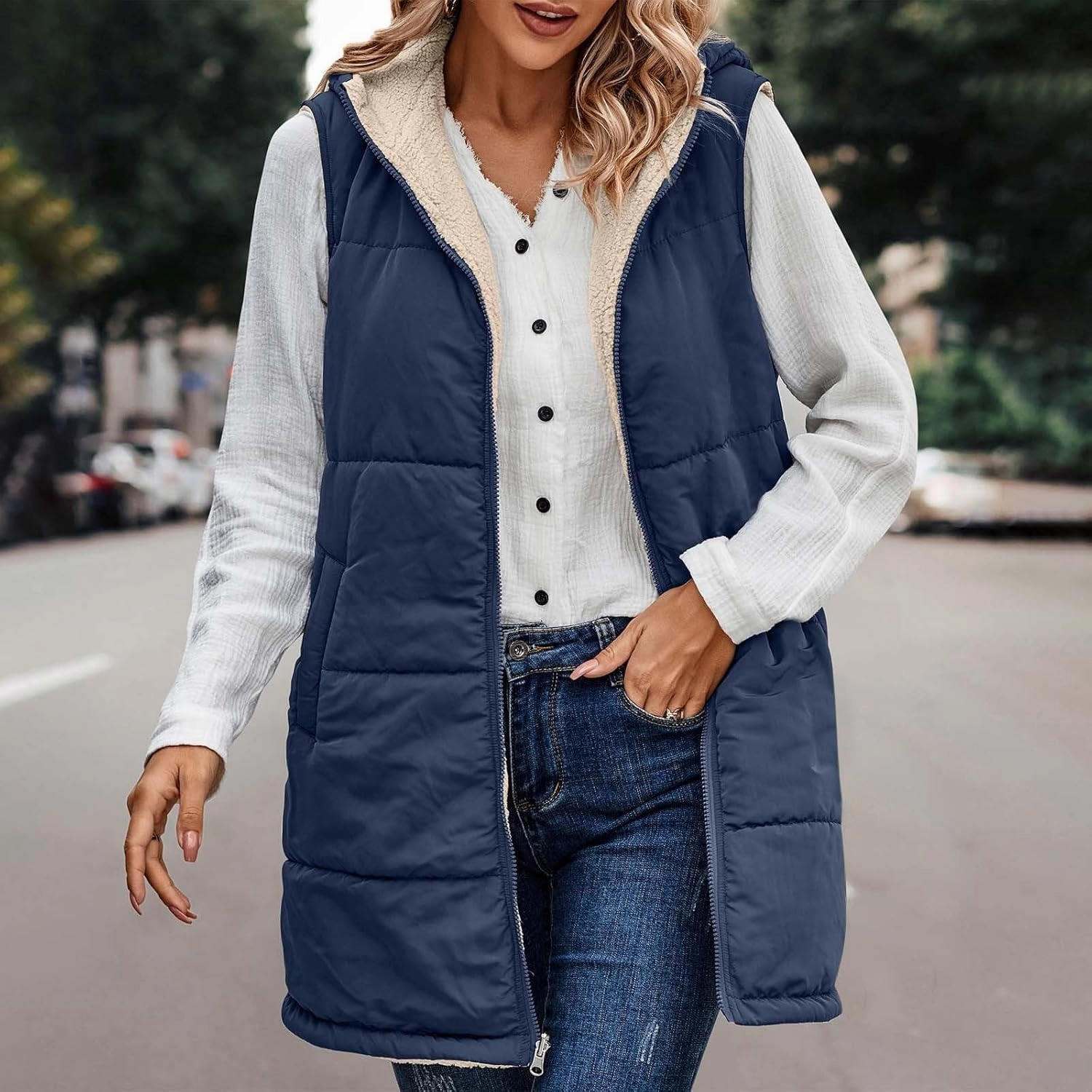 Firzero Puffer Vest Women Long Winter Sleeveless Quilted Jacket Plush Hooded Zip Up Vest 2024 Sherpa Fleece Jackets Hoodie