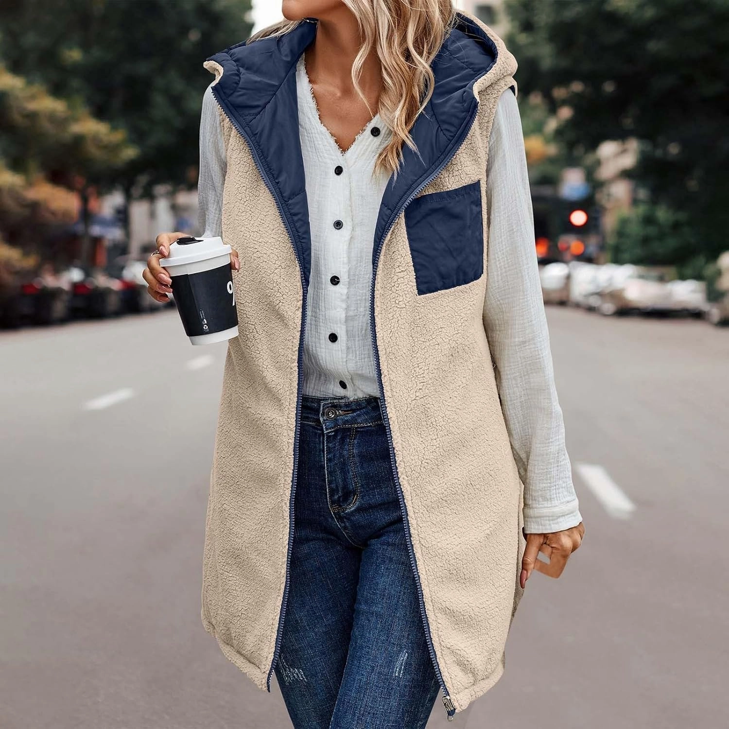 Firzero Puffer Vest Women Long Winter Sleeveless Quilted Jacket Plush Hooded Zip Up Vest 2024 Sherpa Fleece Jackets Hoodie