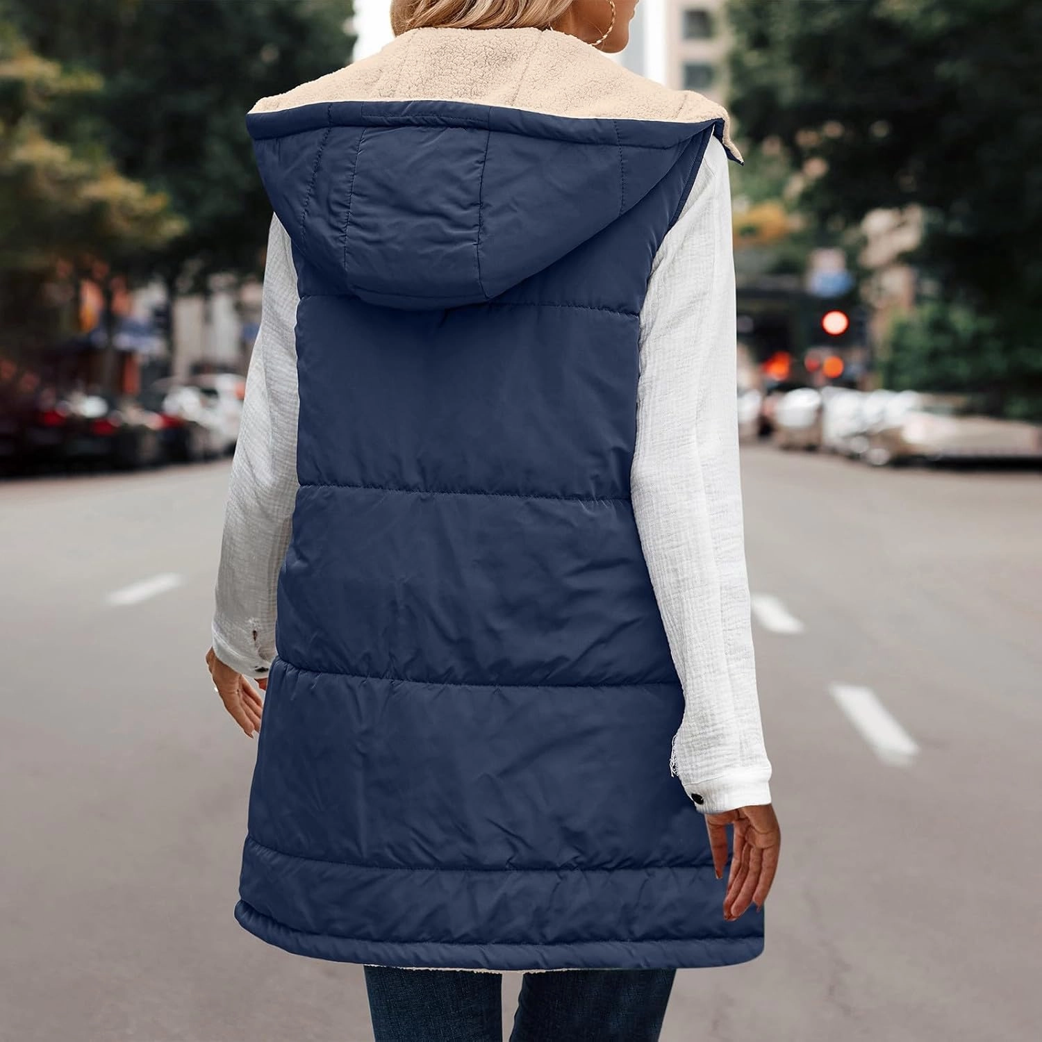Firzero Puffer Vest Women Long Winter Sleeveless Quilted Jacket Plush Hooded Zip Up Vest 2024 Sherpa Fleece Jackets Hoodie
