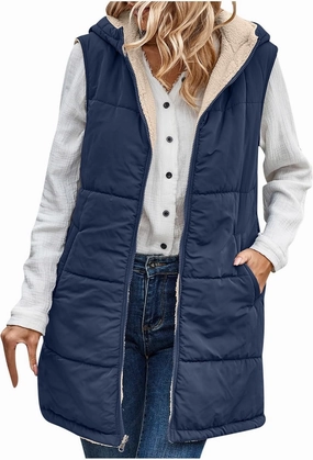 Firzero Puffer Vest Women Long Winter Sleeveless Quilted Jacket Plush Hooded Zip Up Vest 2024 Sherpa Fleece Jackets Hoodie