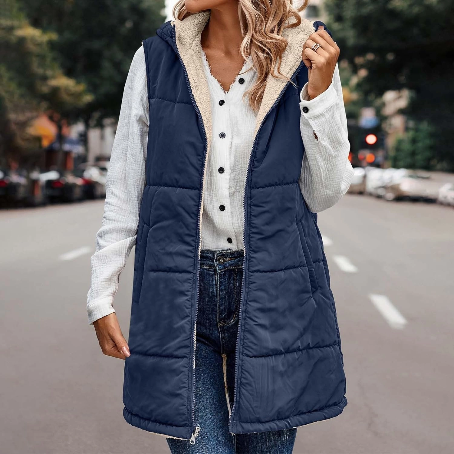 Firzero Puffer Vest Women Long Winter Sleeveless Quilted Jacket Plush Hooded Zip Up Vest 2024 Sherpa Fleece Jackets Hoodie