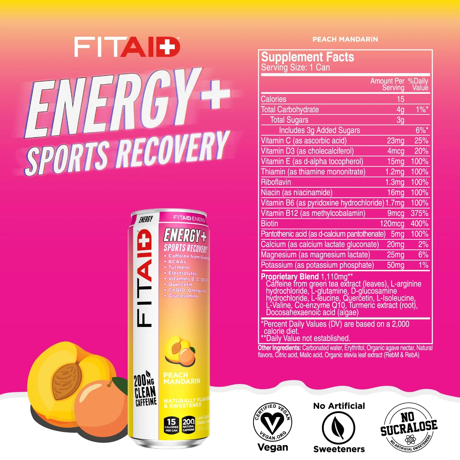 FITAID ENERGY, 200mg Natural Caffeine, Keto, Peach Mandarin, Optimum Performance Formula: BCAAs, Quercetin, Electrolytes, Omega-3s, 15 calories, Paleo, Vegan & Gluten-Free,12 Fl Oz (Pack of 12)