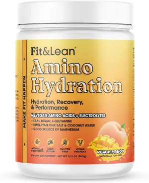 Fit&Lean Amino Hydration, Naturally Sweetened Workout Recovery Drink, 6g Vegan Amino Acids, Essential Amino Acids, EAA, BCAA, Glutamine, Electrolytes, Peach Mango, 30 Servings