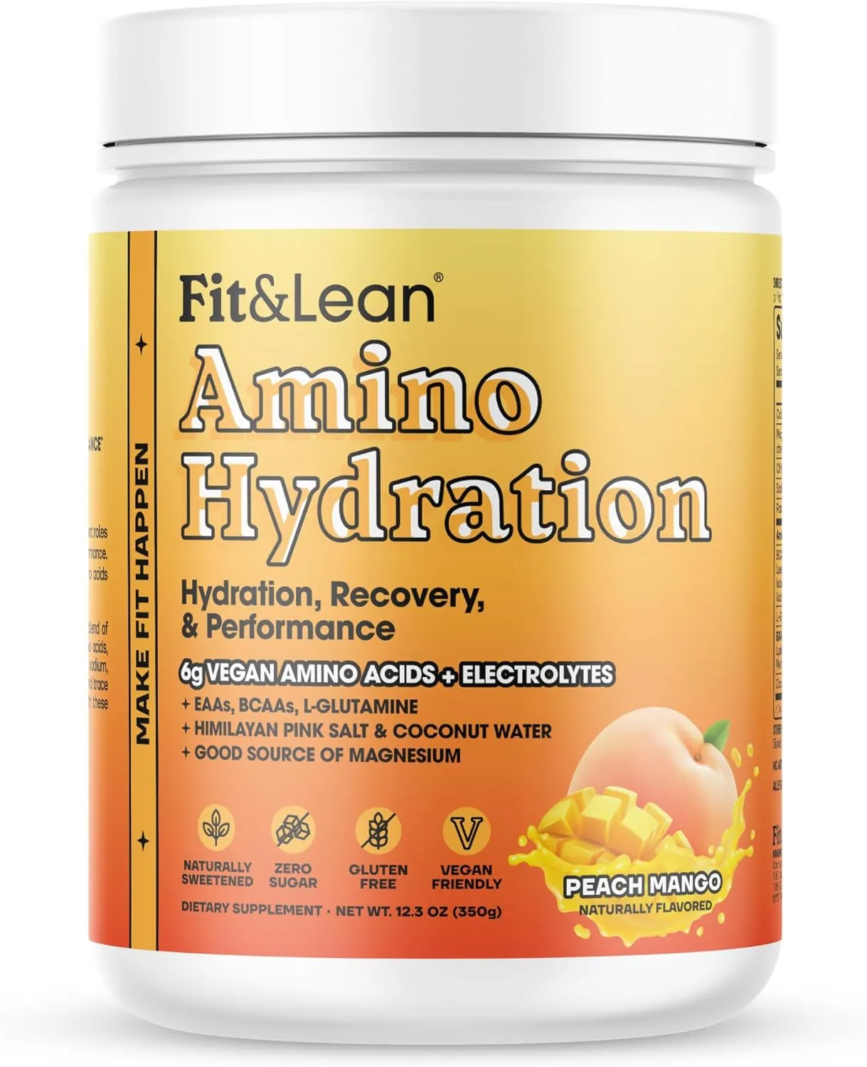 Fit&Lean Amino Hydration, Naturally Sweetened Workout Recovery Drink, 6g Vegan Amino Acids, Essential Amino Acids, EAA, BCAA, Glutamine, Electrolytes, Peach Mango, 30 Servings