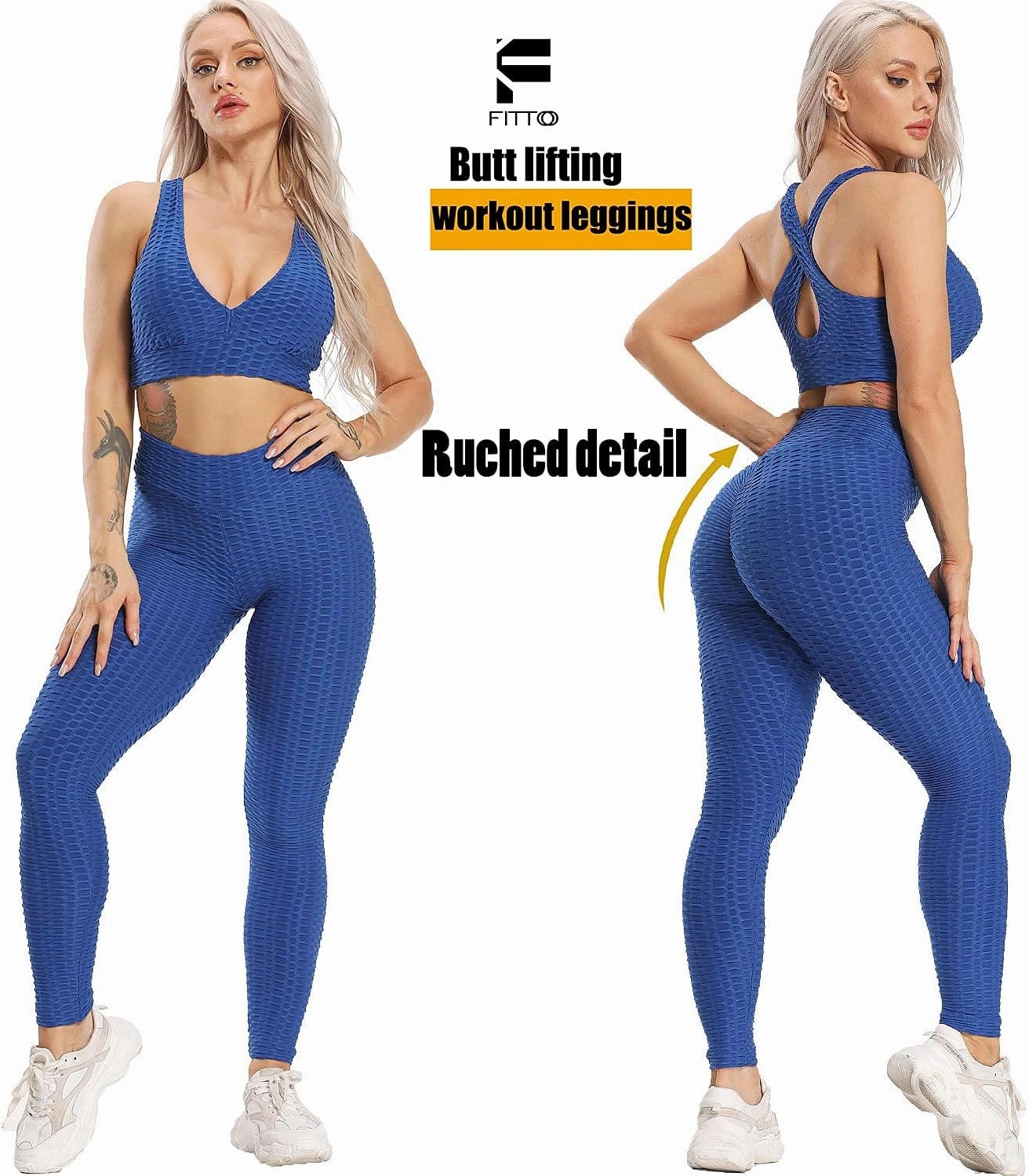 FITTOO Womens High Waist Textured Workout Leggings Booty Scrunch Yoga Pants Slimming Ruched Tights