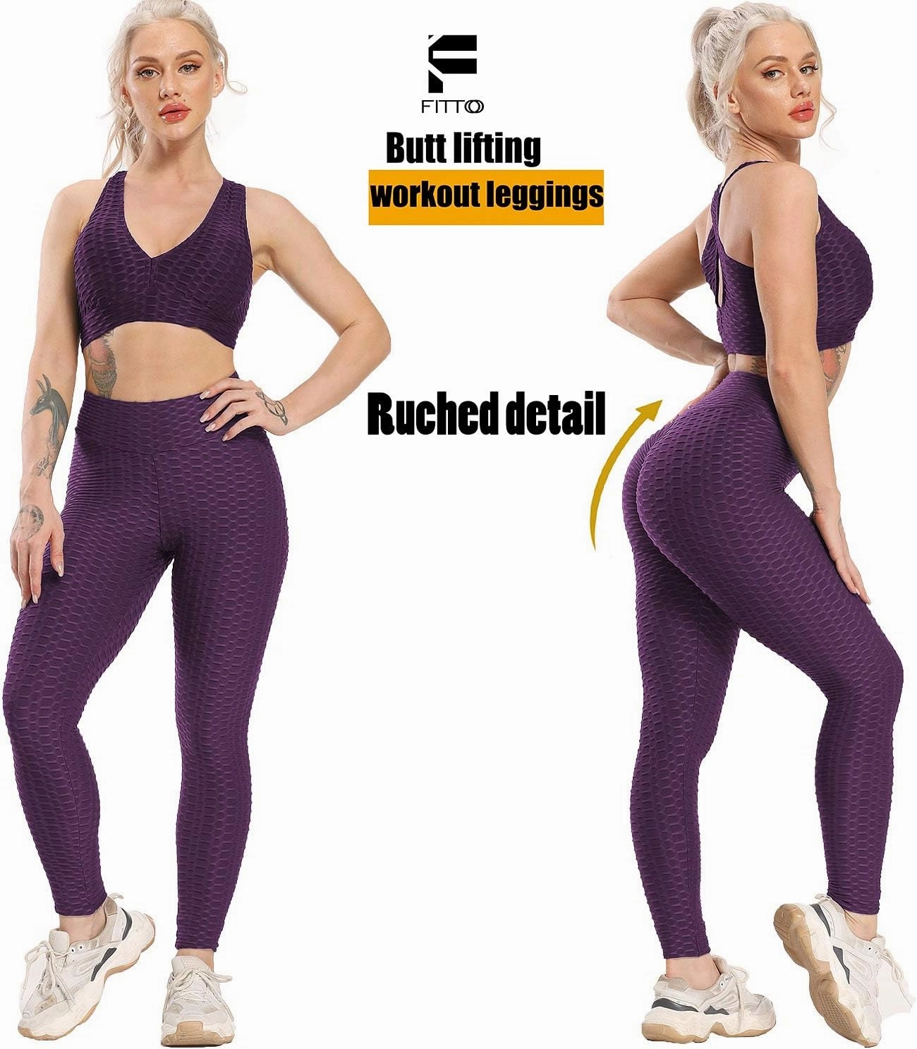 FITTOO Womens High Waist Textured Workout Leggings Booty Scrunch Yoga Pants Slimming Ruched Tights