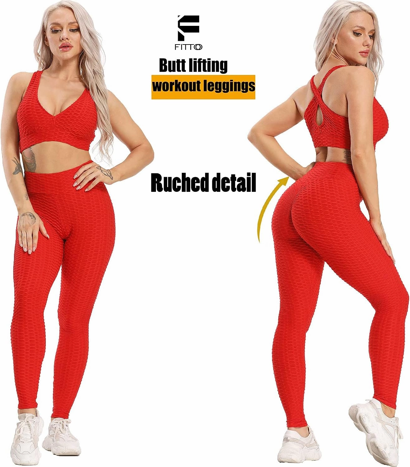 FITTOO Womens High Waist Textured Workout Leggings Booty Scrunch Yoga Pants Slimming Ruched Tights