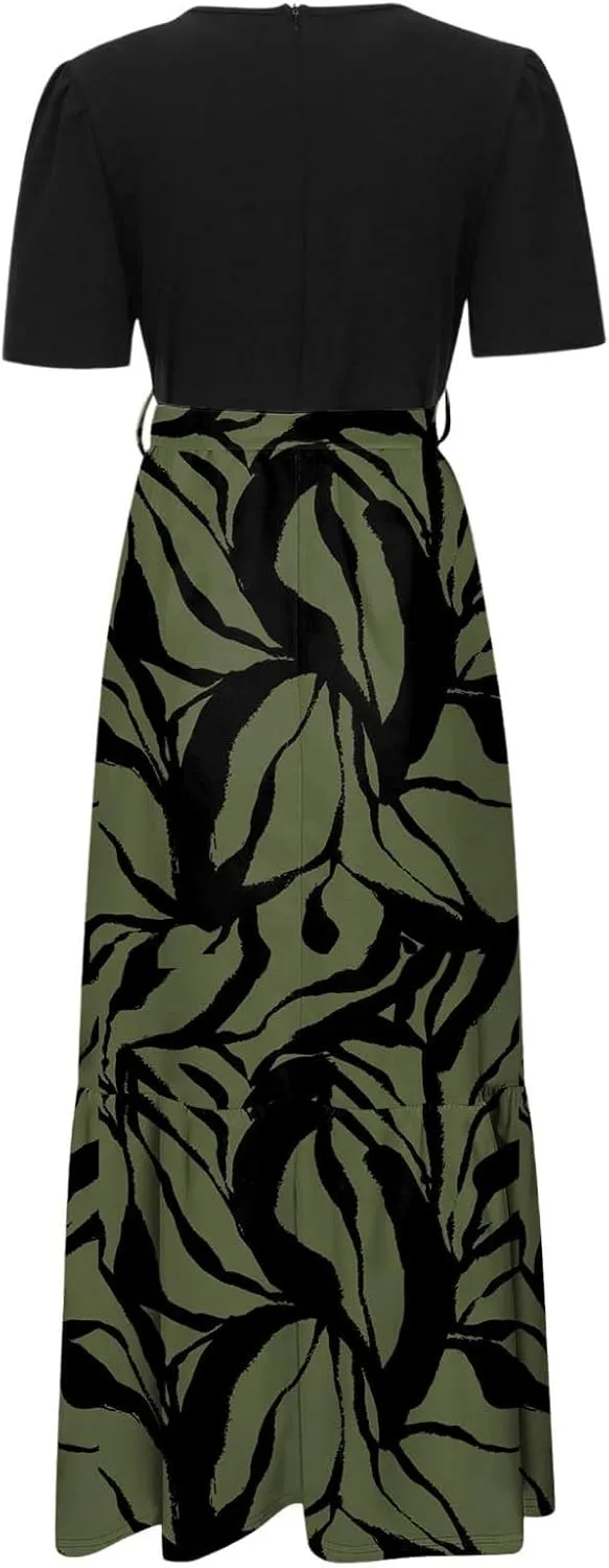 Floral Maxi Dresses for Women Elegant Tie Belt Patchwork Short Sleeve Flowy Beach Sundress Casual Empire Waist Dresses