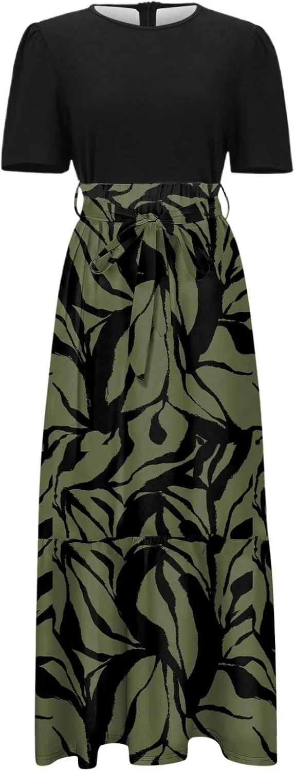 Floral Maxi Dresses for Women Elegant Tie Belt Patchwork Short Sleeve Flowy Beach Sundress Casual Empire Waist Dresses