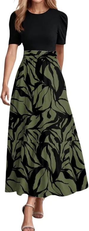 Floral Maxi Dresses for Women Elegant Tie Belt Patchwork Short Sleeve Flowy Beach Sundress Casual Empire Waist Dresses