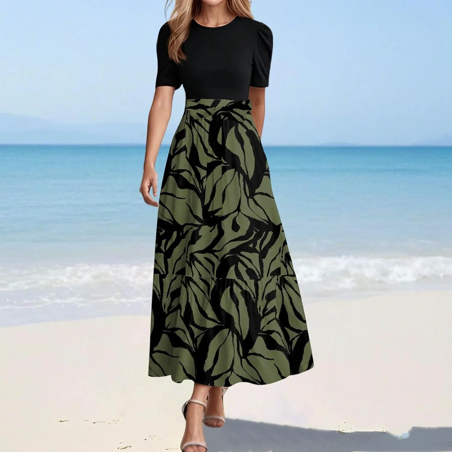 Floral Maxi Dresses for Women Elegant Tie Belt Patchwork Short Sleeve Flowy Beach Sundress Casual Empire Waist Dresses