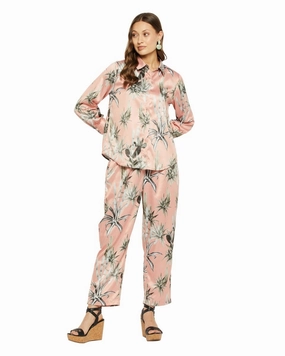 Floral Printed Beige Satin Cord Set For Women