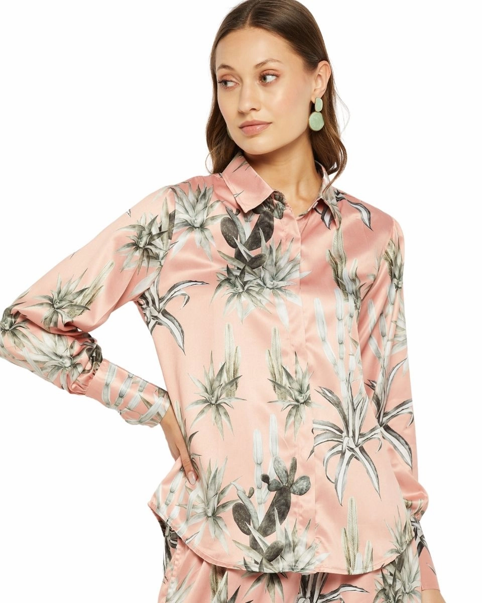 Floral Printed Beige Satin Cord Set For Women