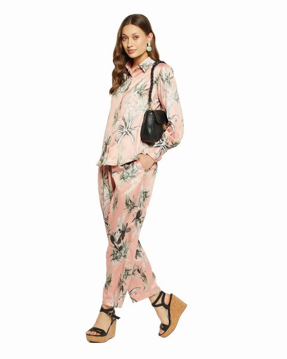 Floral Printed Beige Satin Cord Set For Women