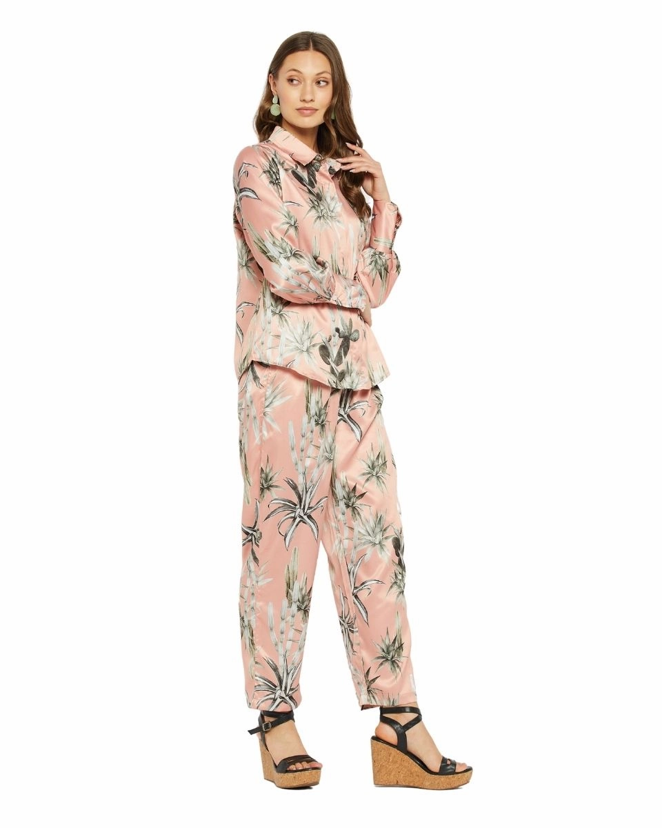Floral Printed Beige Satin Cord Set For Women