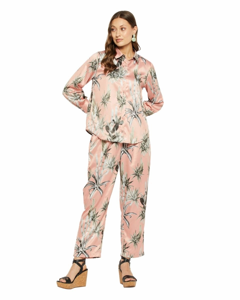 Floral Printed Beige Satin Cord Set For Women