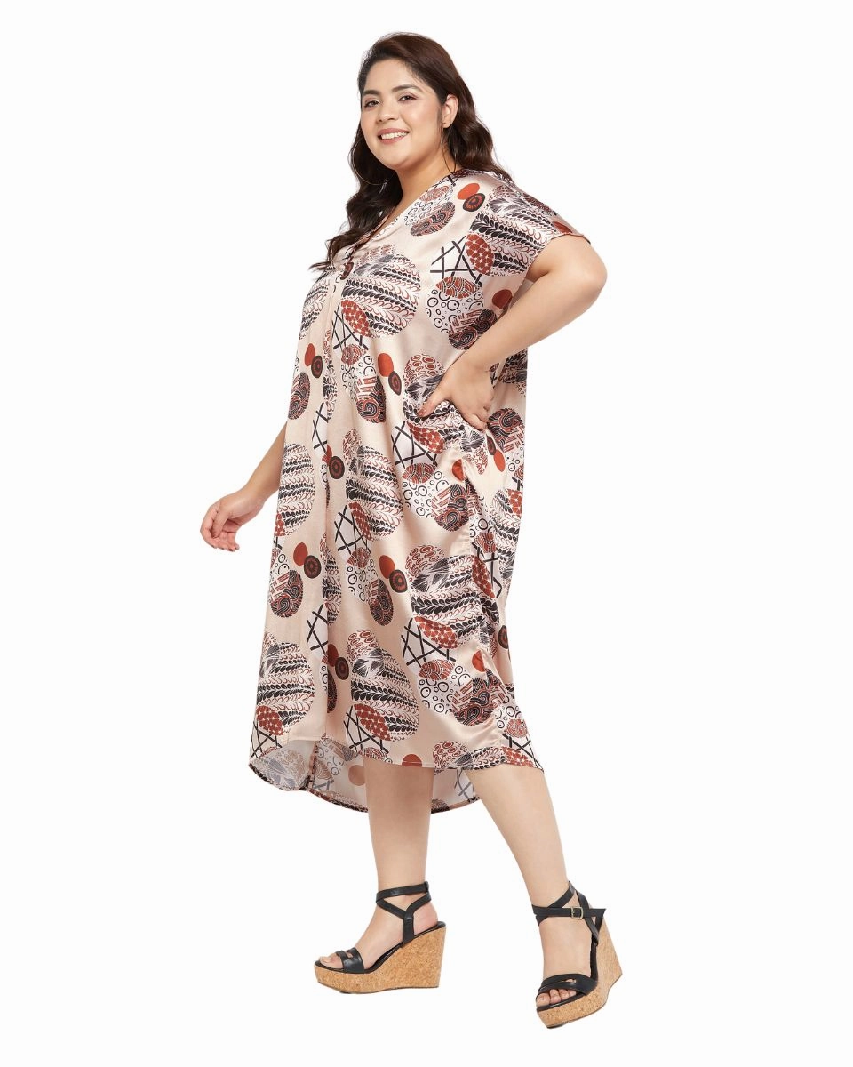 Floral Printed Beige Satin Kaftan Dress For Plus Size Women