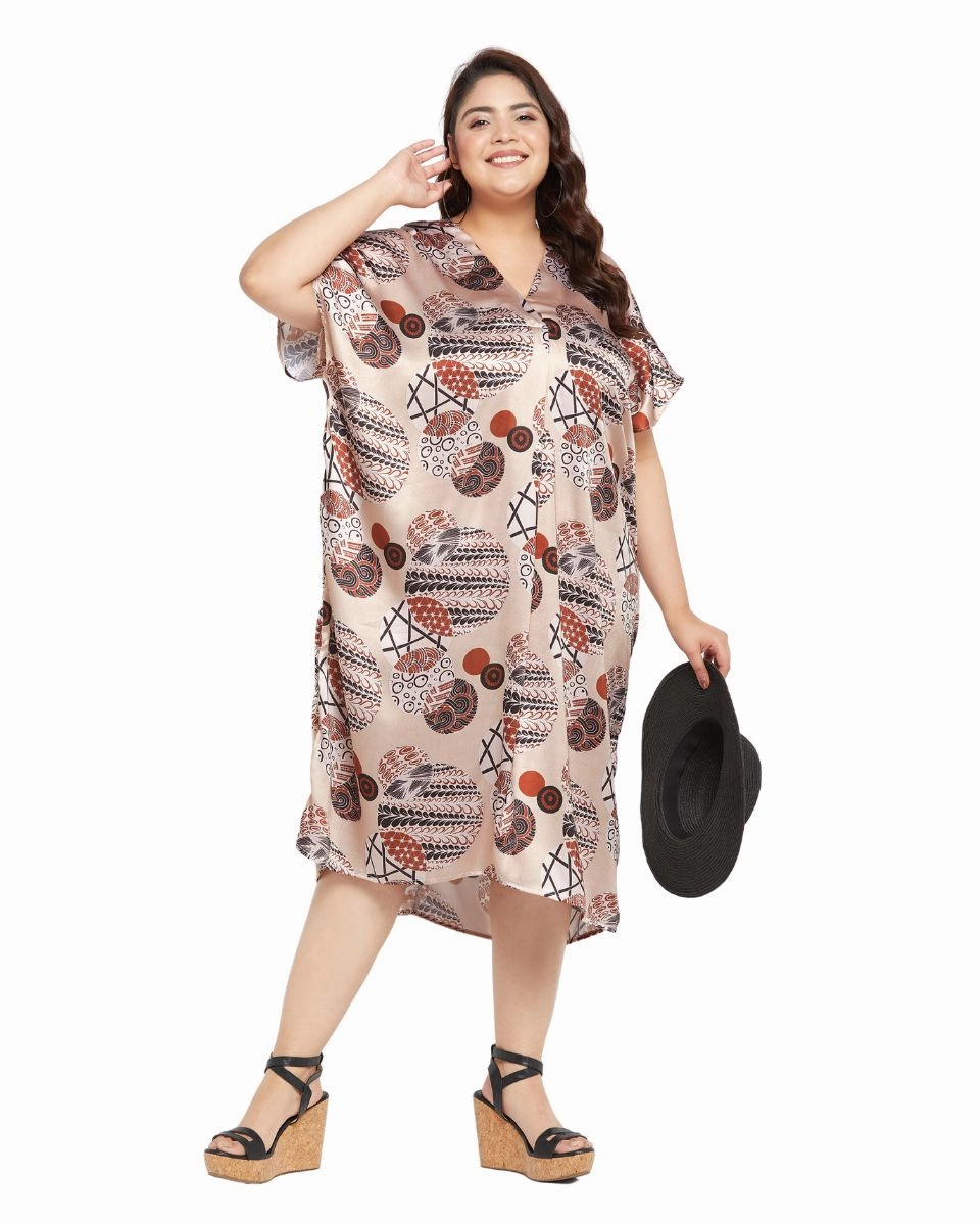 Floral Printed Beige Satin Kaftan Dress For Plus Size Women