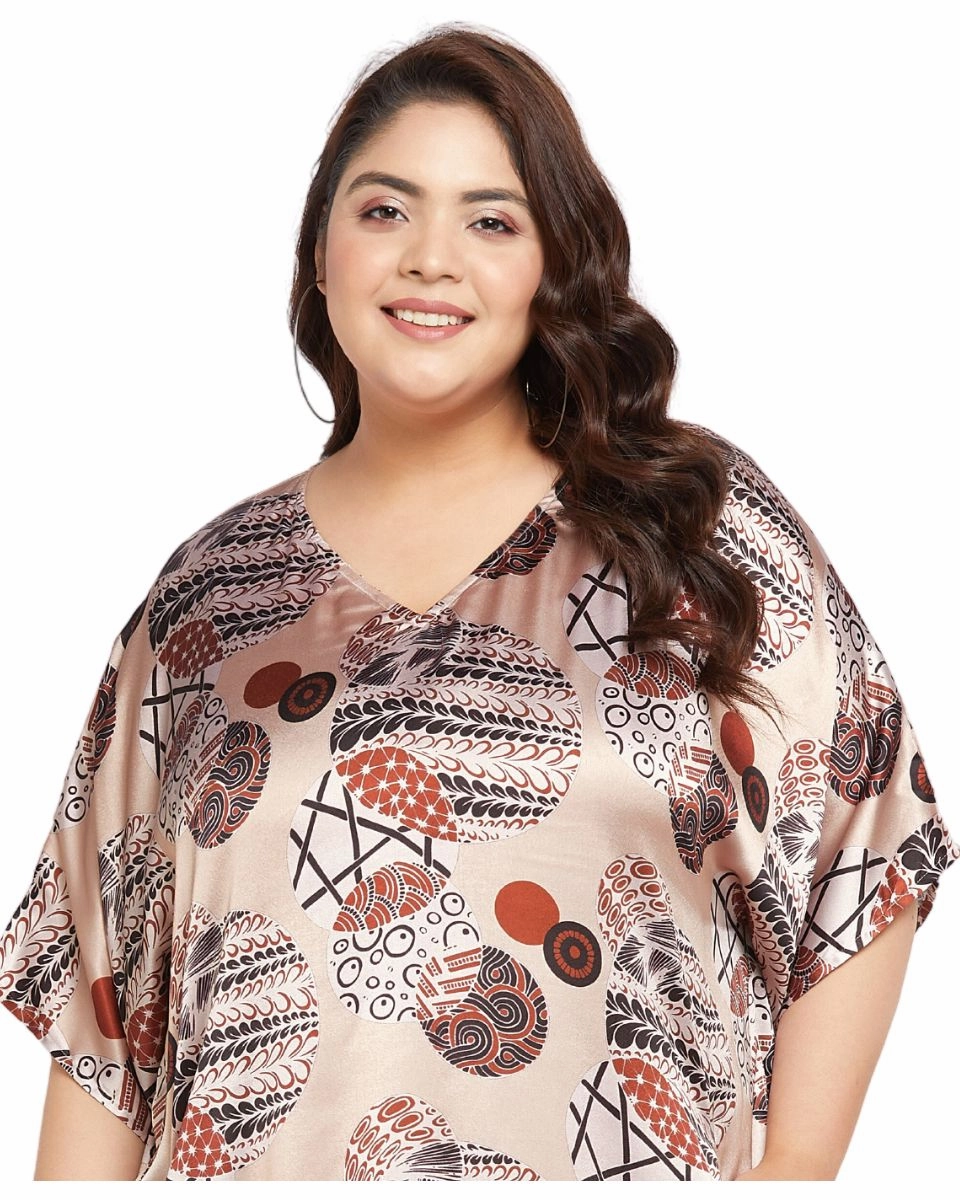 Floral Printed Beige Satin Kaftan Dress For Plus Size Women