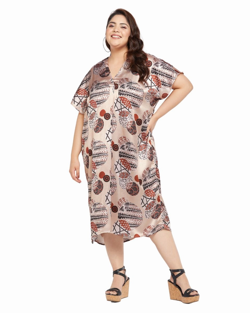 Floral Printed Beige Satin Kaftan Dress For Plus Size Women