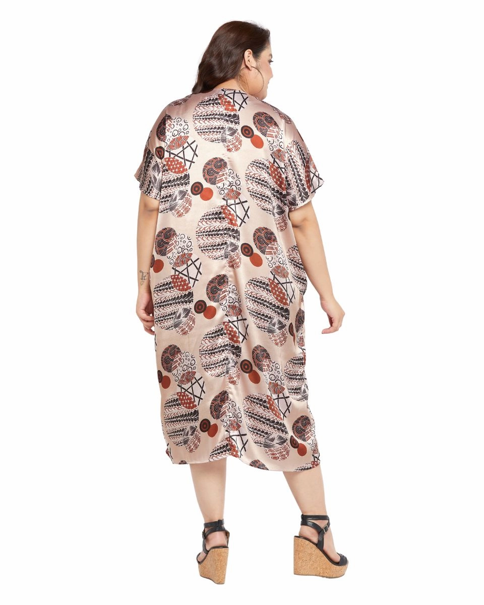 Floral Printed Beige Satin Kaftan Dress For Plus Size Women