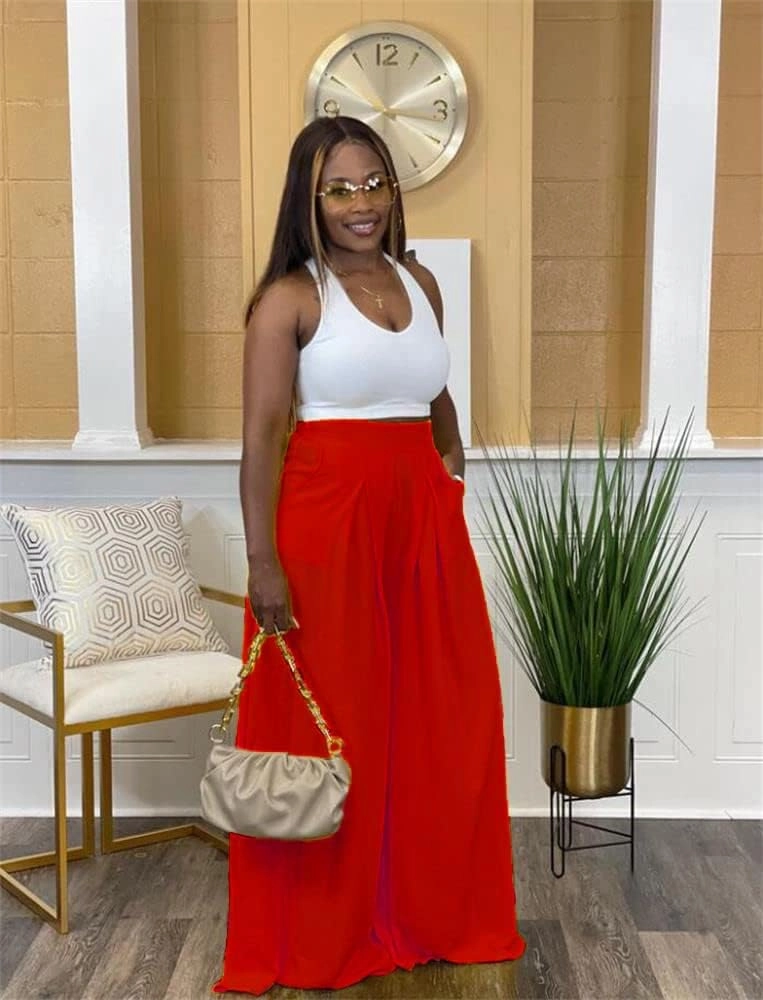 Flowy Pants for Women Casual High Waisted Wide Leg Palazzo Pants Trousers with Pocket Plus Size
