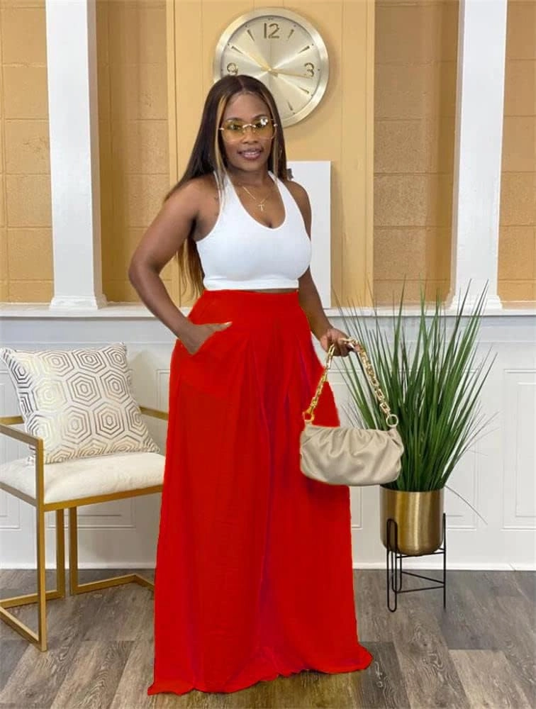 Flowy Pants for Women Casual High Waisted Wide Leg Palazzo Pants Trousers with Pocket Plus Size