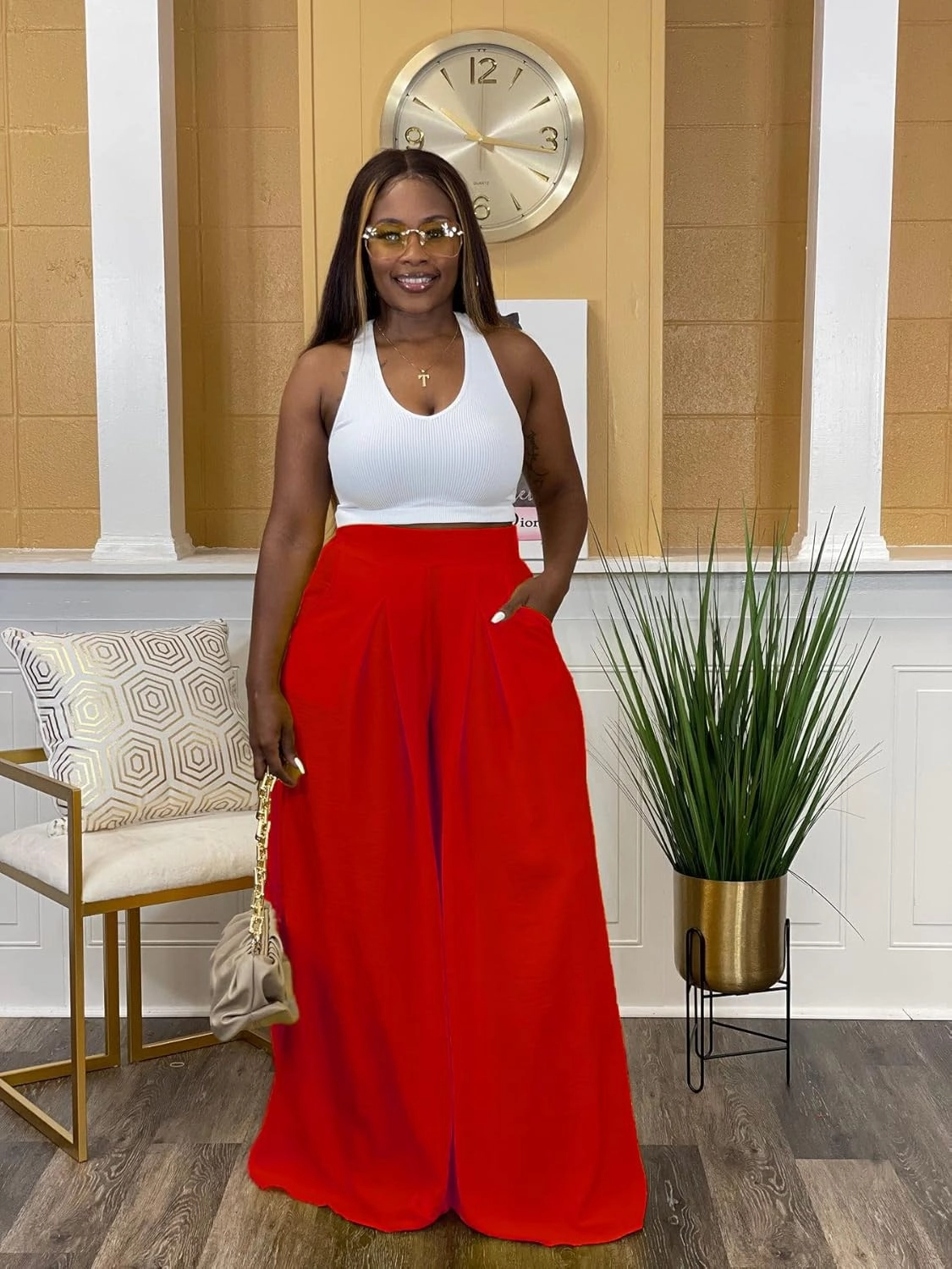 Flowy Pants for Women Casual High Waisted Wide Leg Palazzo Pants Trousers with Pocket Plus Size