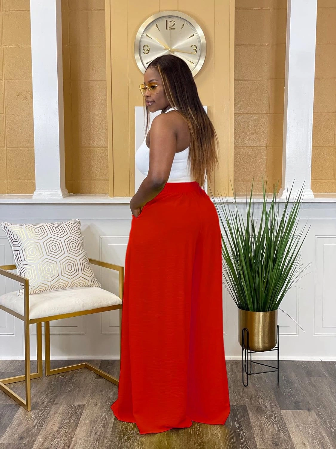 Flowy Pants for Women Casual High Waisted Wide Leg Palazzo Pants Trousers with Pocket Plus Size