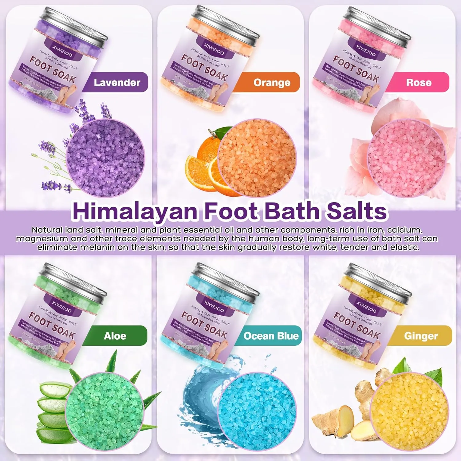 Foot Soak 6 Himalayan Foot Bath Salt Set Orange Lavender Aloe Ocean Blue Himalayan Pink Salt Rose Feet Soak kit with Epsom Salt,Soothe Joint Soreness, Tired Feet, Softens Calluses