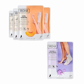 Foot Mask with Peach Extract & Shea Butter (4 pairs)   Exfoliating Foot Peel Mask with Lavender (1 pair) - Intensive Treatment for Dry Skin & Intensive Hydration and Repair for Dry Feet -Total 5 pairs