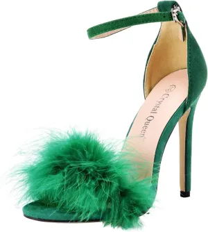 for Women Open Toe with Feather Heels Fluffy High Heel Shoes Party Ankle Strap Stiletto