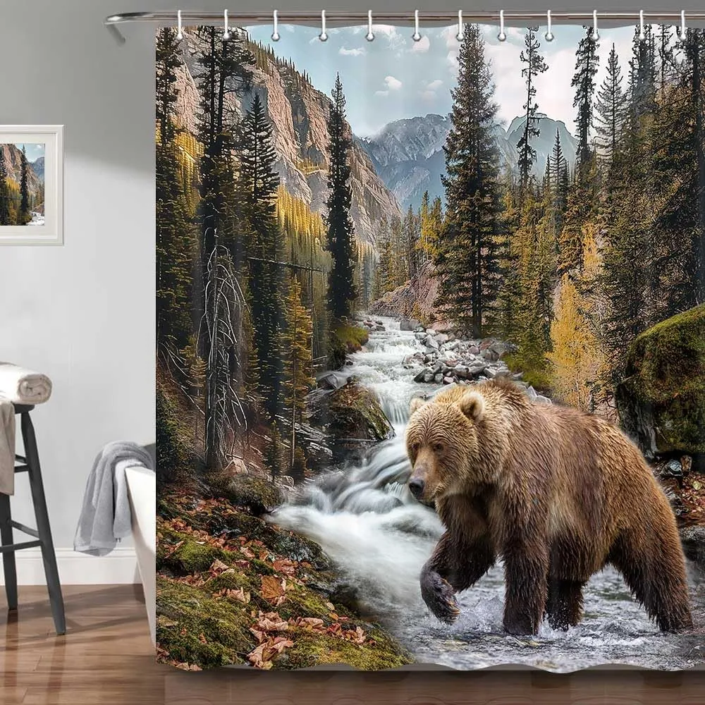 Forest Bear Shower Curtain, Misty Mountains Wildlife Farm Rustic National Park Jungle Rainforest Stream River Rock Natural Landscape Fabric Bathroom Decor Curtain with Hook, 60x70