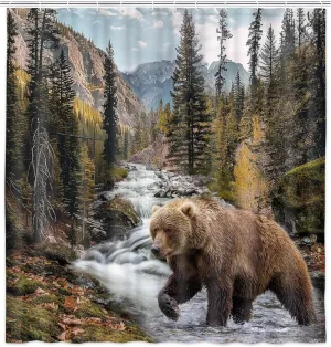 Forest Bear Shower Curtain, Misty Mountains Wildlife Farm Rustic National Park Jungle Rainforest Stream River Rock Natural Landscape Fabric Bathroom Decor Curtain with Hook, 60x70