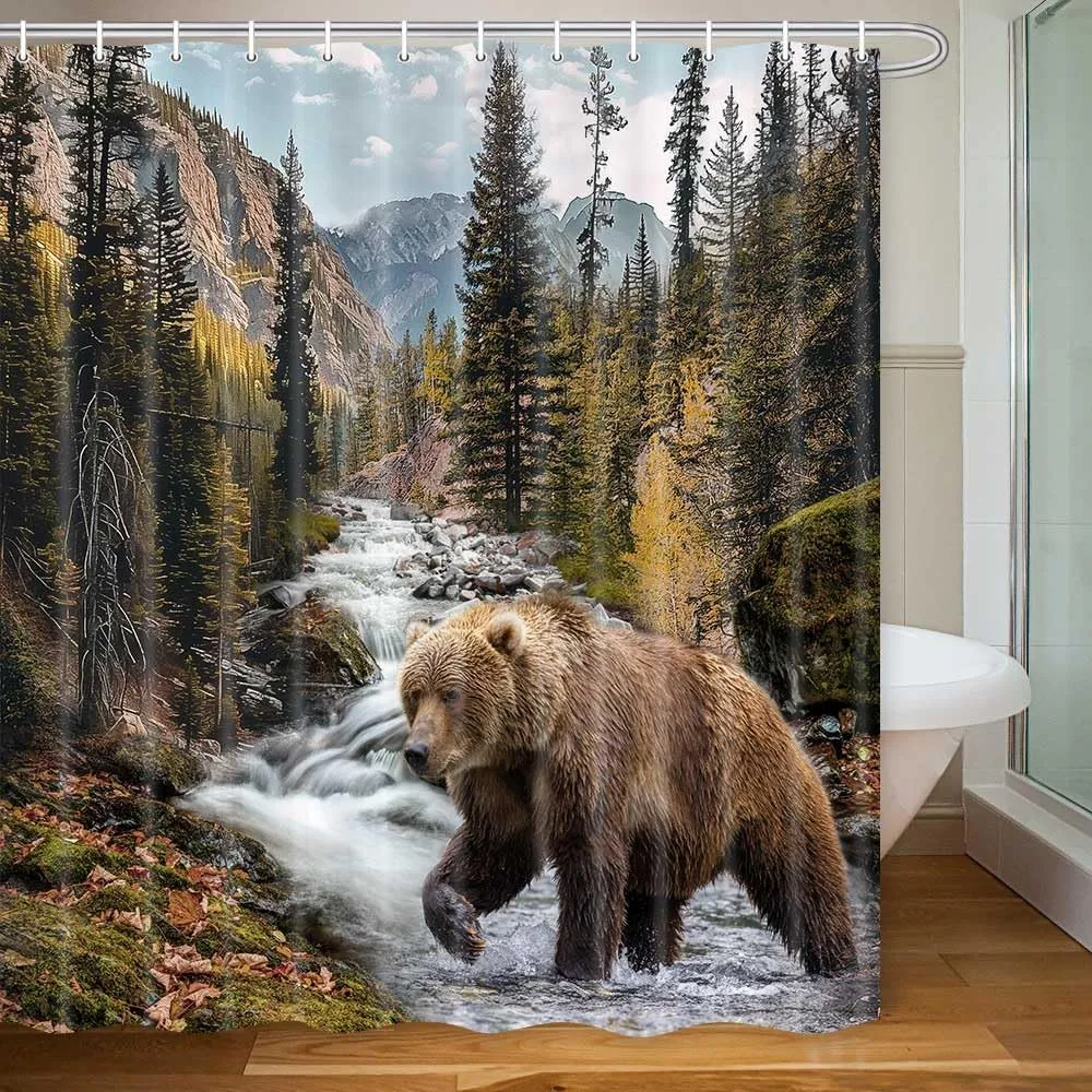 Forest Bear Shower Curtain, Misty Mountains Wildlife Farm Rustic National Park Jungle Rainforest Stream River Rock Natural Landscape Fabric Bathroom Decor Curtain with Hook, 60x70
