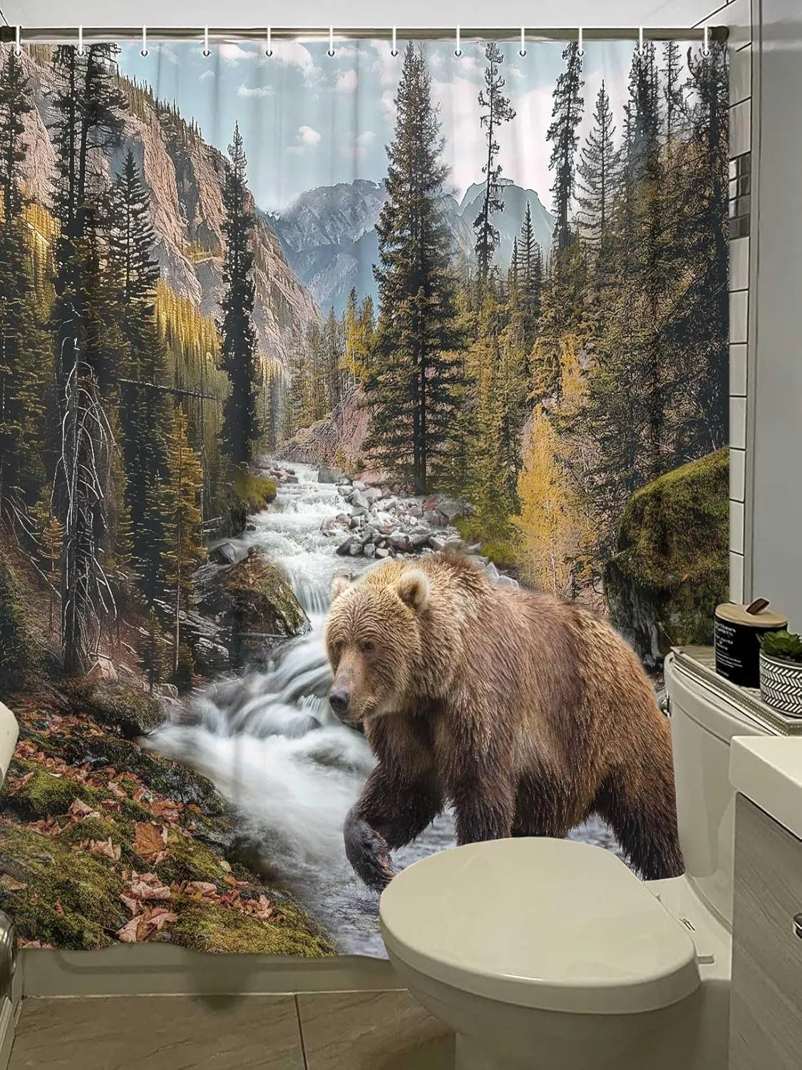 Forest Bear Shower Curtain, Misty Mountains Wildlife Farm Rustic National Park Jungle Rainforest Stream River Rock Natural Landscape Fabric Bathroom Decor Curtain with Hook, 60x70