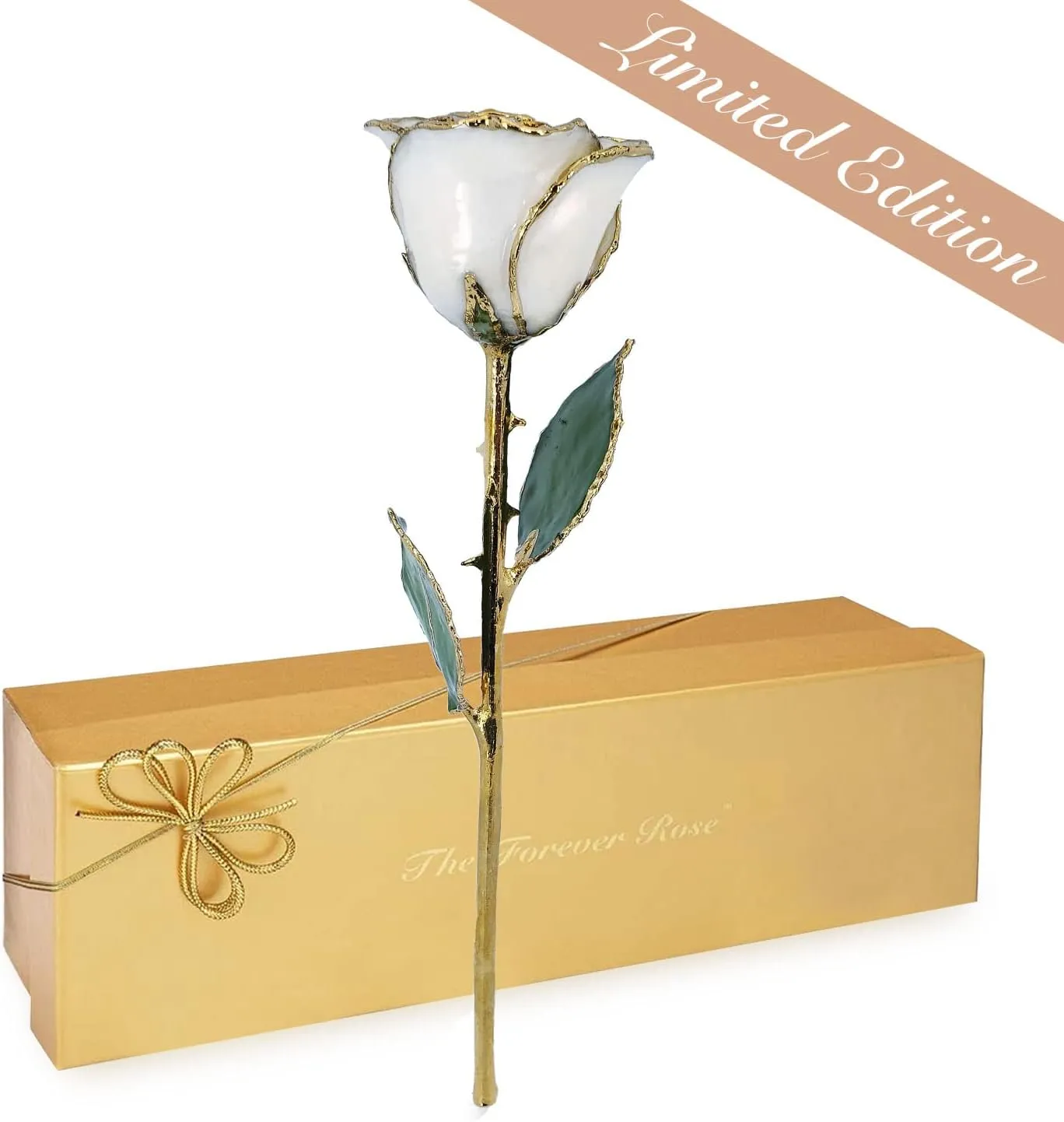 Forever Rose 24K Limited Edition Gold Dipped White Pearl Rose, The June Birthstone, A Unique & Everlasting Real Rose Hand Dipped in 24K Gold, 11” to 12”