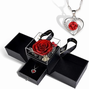 Forever Preserved Roses Valentine’s Day Gift for Her and Mothers Day Roses in a Box Gift for Mom, Birthday Gifts for Women/Mom/Girlfriend/Wife/Grandma/Her Luxury Handmade Gift Box with Heart Necklace
