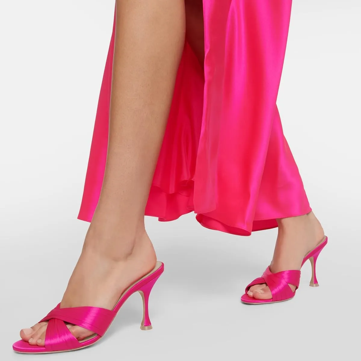 FOWT Women Fashion Peep Toe Slip On Satin Mules Comfy Thin Mid Heel Summer Daily Shoes Dating Shopping Size 4-16 US