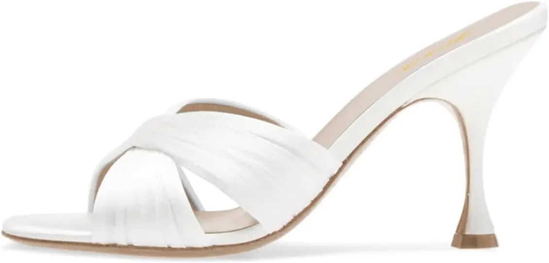 FOWT Women Fashion Peep Toe Slip On Satin Mules Comfy Thin Mid Heel Summer Daily Shoes Dating Shopping Size 4-16 US