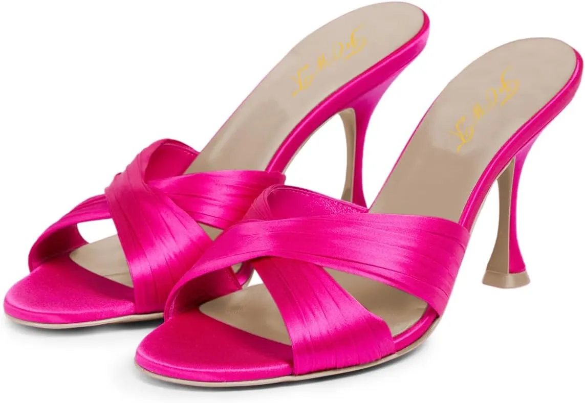 FOWT Women Fashion Peep Toe Slip On Satin Mules Comfy Thin Mid Heel Summer Daily Shoes Dating Shopping Size 4-16 US
