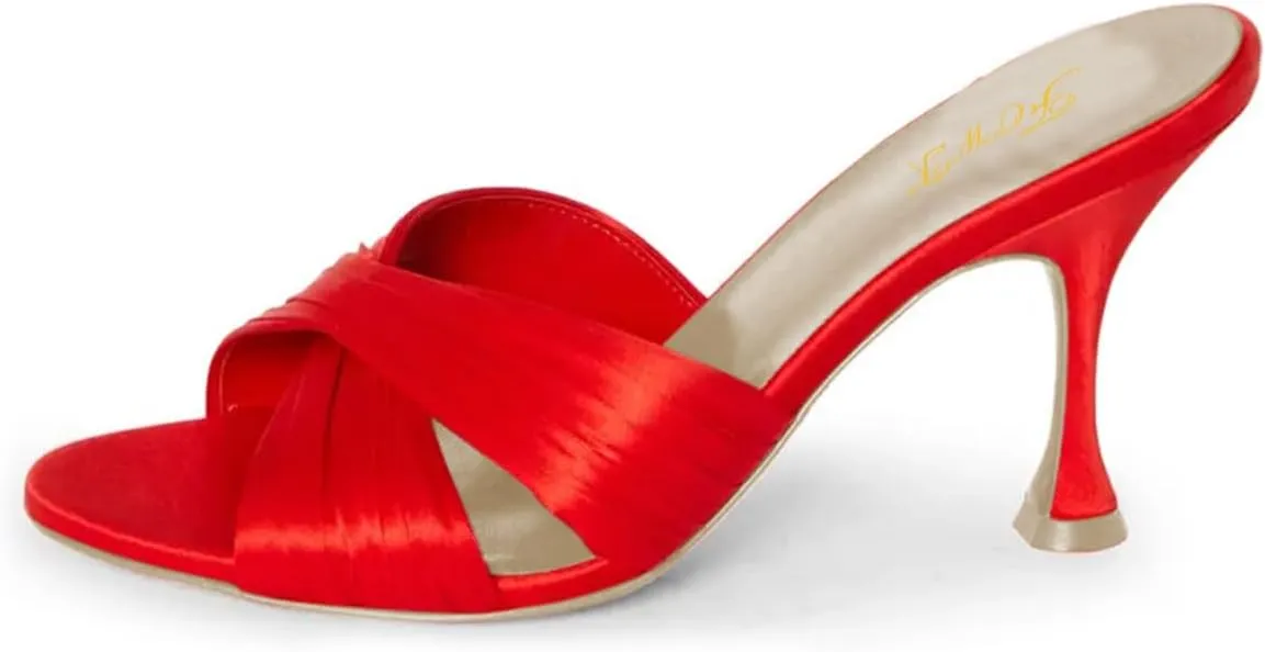 FOWT Women Fashion Peep Toe Slip On Satin Mules Comfy Thin Mid Heel Summer Daily Shoes Dating Shopping Size 4-16 US