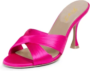 FOWT Women Fashion Peep Toe Slip On Satin Mules Comfy Thin Mid Heel Summer Daily Shoes Dating Shopping Size 4-16 US