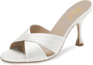FOWT Women Fashion Peep Toe Slip On Satin Mules Comfy Thin Mid Heel Summer Daily Shoes Dating Shopping Size 4-16 US