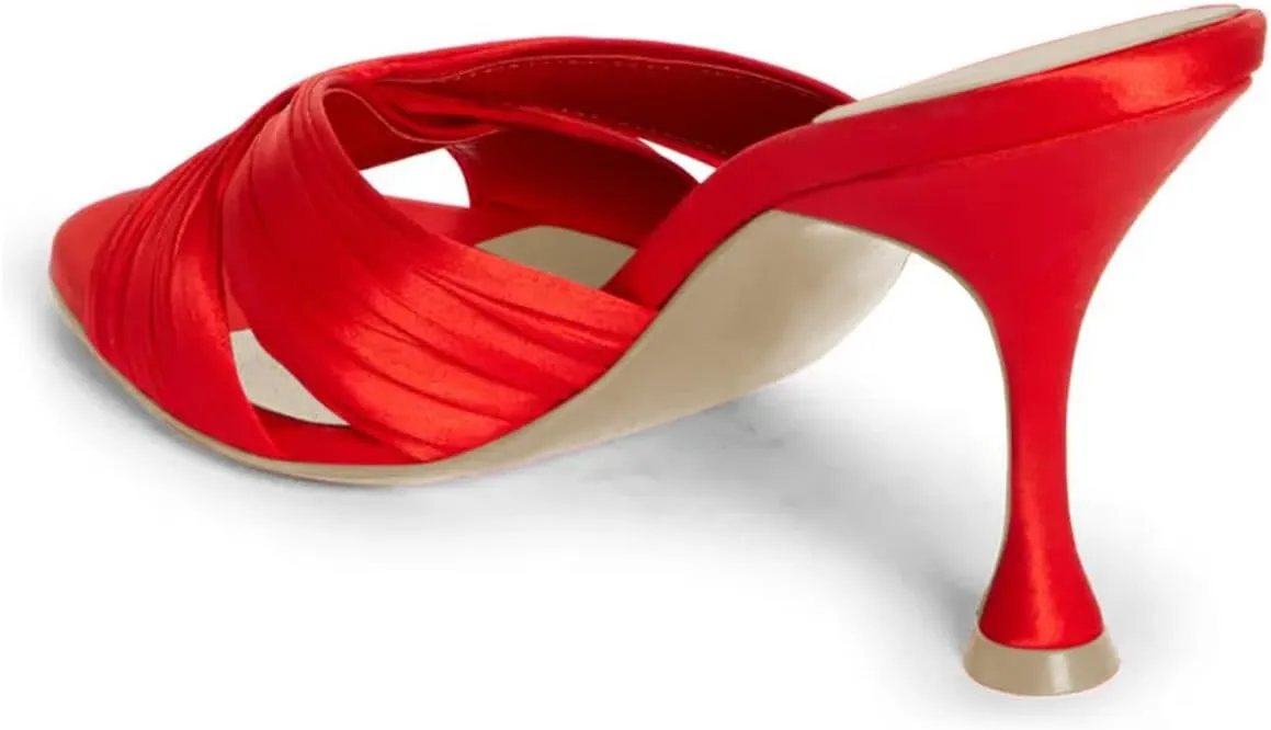 FOWT Women Fashion Peep Toe Slip On Satin Mules Comfy Thin Mid Heel Summer Daily Shoes Dating Shopping Size 4-16 US