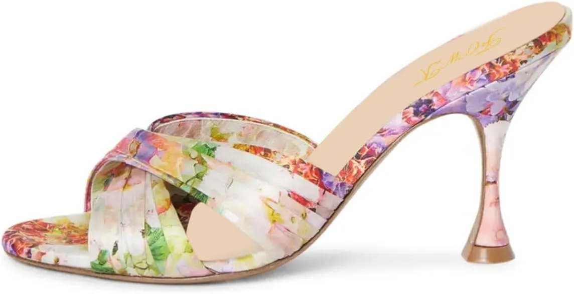 FOWT Women Fashion Peep Toe Slip On Satin Mules Comfy Thin Mid Heel Summer Daily Shoes Dating Shopping Size 4-16 US